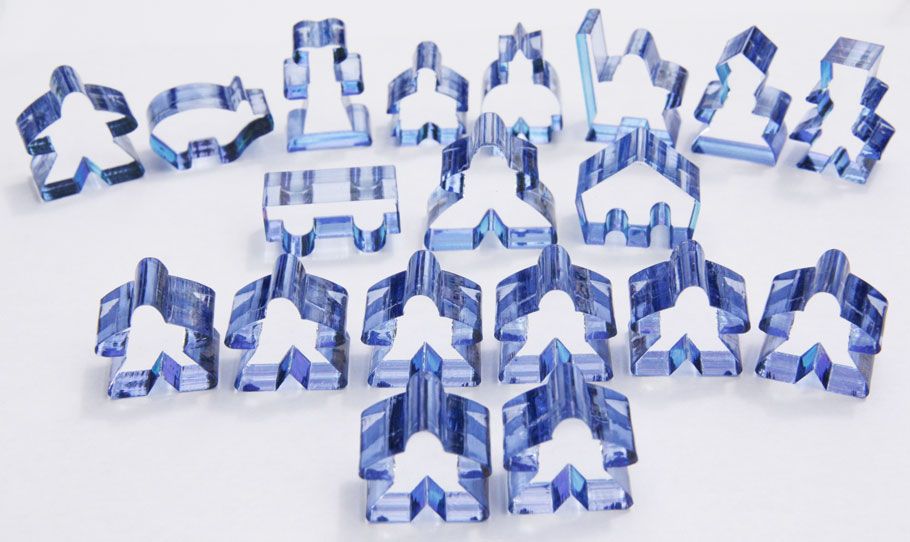 Complete 19 piece blue transparent set of Carcassonne meeples