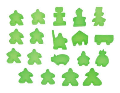 Complete 19 piece light green frosted set of Carcassonne meeples