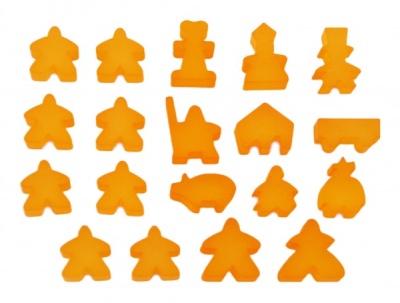 Complete 19 piece orange frosted set of Carcassonne meeples