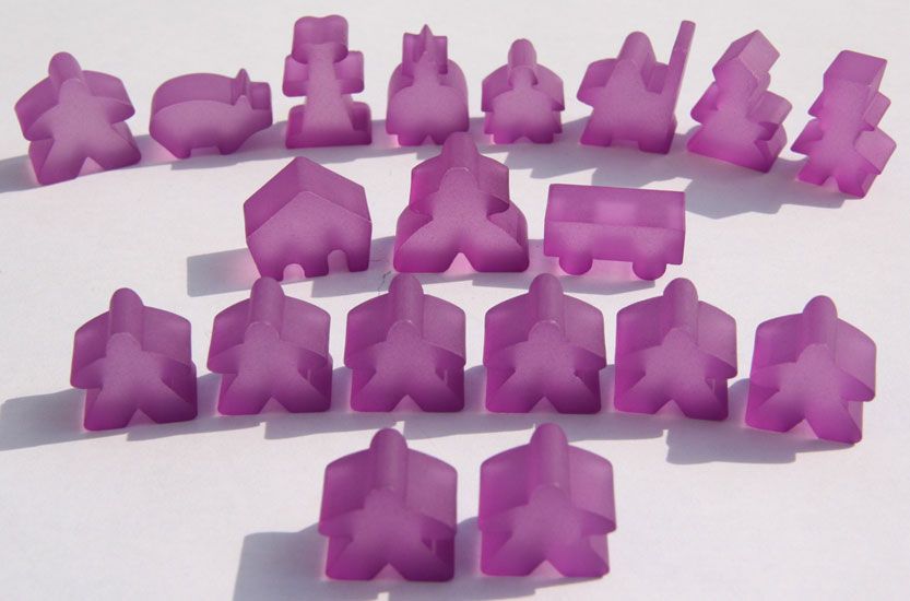 Complete 19 piece purple frosted set of Carcassonne meeples