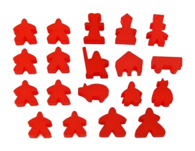 Complete 19 piece red frosted set of Carcassonne meeples