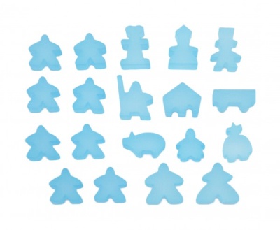 Complete 19 piece sky blue frosted set of Carcassonne meeples